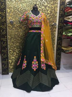 Dark-green thread embroidery
 art silk semi stitched lehenga 3