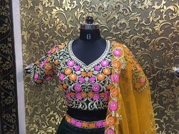Dark-green thread embroidery
 art silk semi stitched lehenga 4
