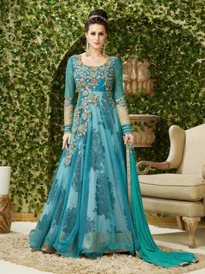 Blue embroidered net semi stitched salwar with dupatta 1