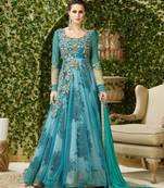 Blue embroidered net semi stitched salwar with dupatta