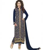 Navy Blue embroidered georgette unstitched salwar with dupatta