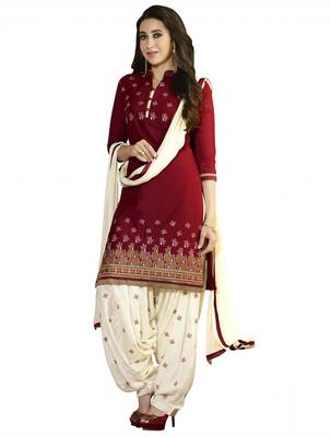 Red embroidered cotton unstitched salwar with dupatta 1