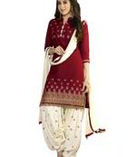 Red embroidered cotton unstitched salwar with dupatta
