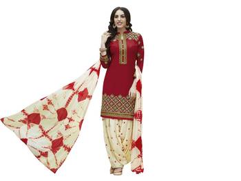 Red embroidered cotton unstitched salwar with dupatta 1