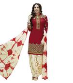 Red embroidered cotton unstitched salwar with dupatta