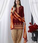 Maroon embroidered cotton unstitched salwar with dupatta