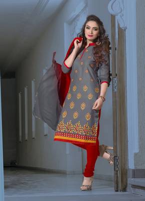 Grey embroidered cotton unstitched salwar with dupatta 1
