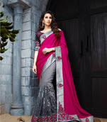 Dark-pink & Dark-grey embroidered net saree with blouse