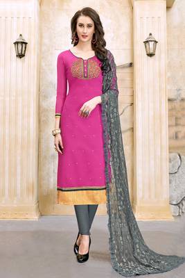pink embroidered cotton unstitched salwar with dupatta 1
