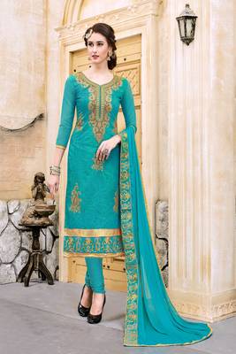 Sea Green embroidered cotton unstitched salwar with dupatta 1