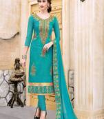 Sea Green embroidered cotton unstitched salwar with dupatta