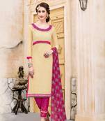 Beige embroidered cotton unstitched salwar with dupatta