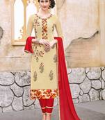 Beige embroidered cotton unstitched salwar with dupatta