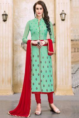Light Green embroidered cotton unstitched salwar with dupatta 1