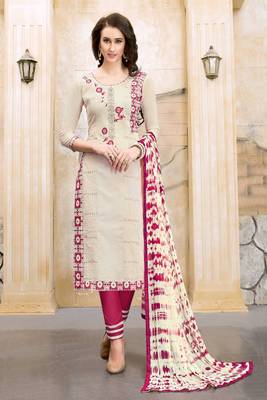 Beige embroidered cotton unstitched salwar with dupatta 1