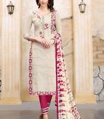 Beige embroidered cotton unstitched salwar with dupatta