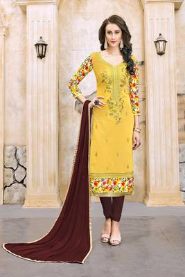 Yellow embroidered cotton unstitched salwar with dupatta 1