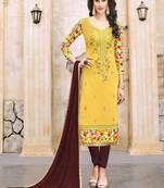 Yellow embroidered cotton unstitched salwar with dupatta