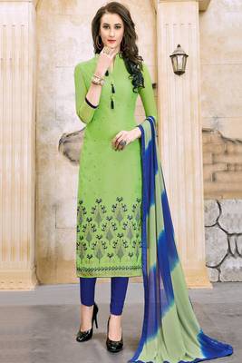 Green embroidered cotton unstitched salwar with dupatta 1