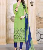Green embroidered cotton unstitched salwar with dupatta