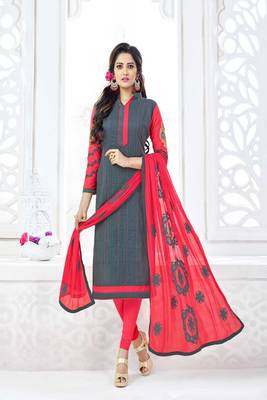 Grey embroidered cotton unstitched salwar with dupatta 1