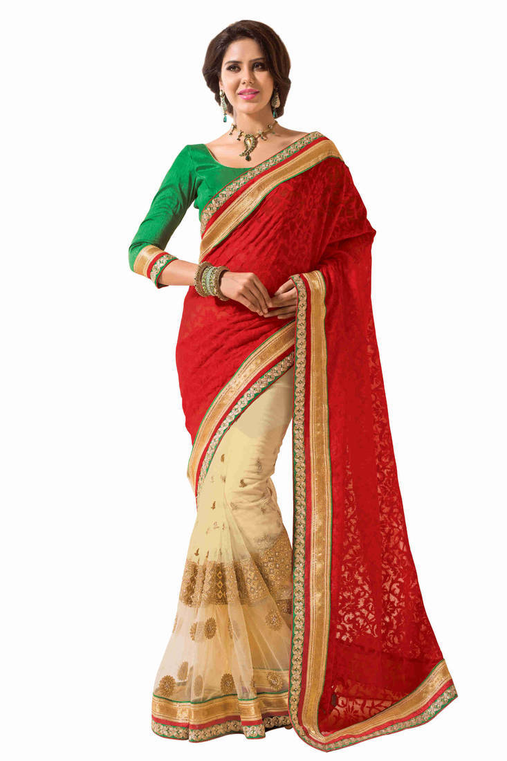 Red embroidered jacquard saree with blouse MANJULA 349604