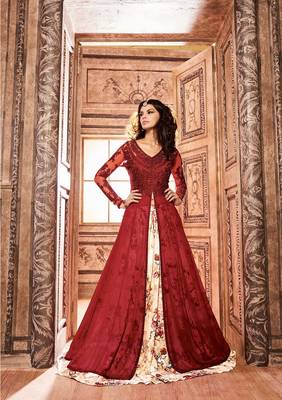 Maroon printed georgette semi stitched salwar with dupatta 1
