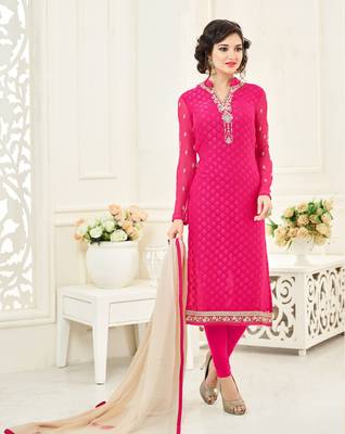 Pink embroidered crepe semi stitched salwar with dupatta 1