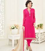 Pink embroidered crepe semi stitched salwar with dupatta