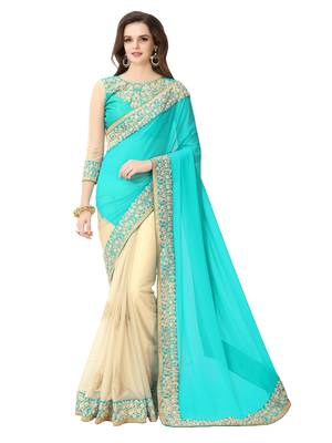 Beautiful Firozi color embroidered georgette wedding saree With embroidered work Blouse 1