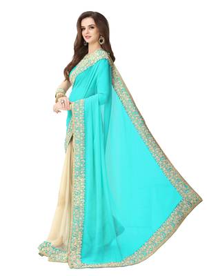 Beautiful Firozi color embroidered georgette wedding saree With embroidered work Blouse 3