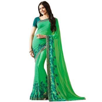 Green Printed Georgette Saree With Blouse 1