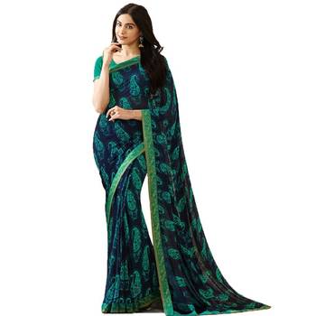 Blue Printed Georgette Saree With Blouse 1