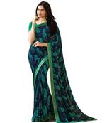 Blue Printed Georgette Saree With Blouse