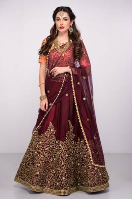 Maroon Floral Print Silk Semi Stitched Lehenga Choli 1