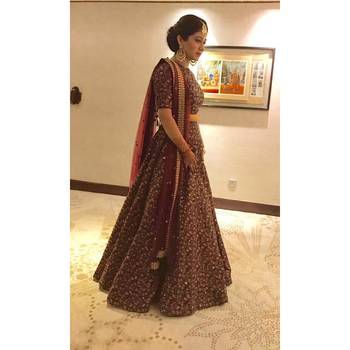 Maroon Floral Print raw Silk Semi Stitched Lehenga Choli 1