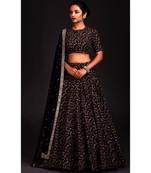 Black Floral Print Raw Silk Semi Stitched Lehenga Choli