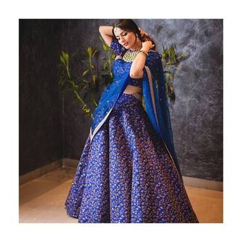 Blue Floral Print Raw Silk Semi Stitched Lehenga Choli 1