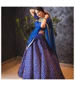 Blue Floral Print Raw Silk Semi Stitched Lehenga Choli