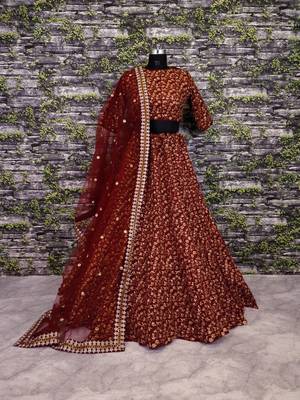 Maroon Floral Print raw Silk Semi Stitched Lehenga Choli 3