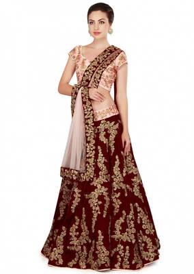 Maroon Floral Print Velvet Semi Stitched Lehenga Choli 1