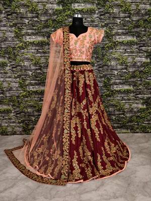 Maroon Floral Print Velvet Semi Stitched Lehenga Choli 2