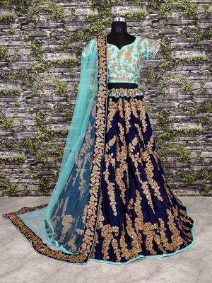 Navy-Blue Floral Print Velvet Semi Stitched Lehenga Choli 1