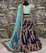 Navy-Blue Floral Print Velvet Semi Stitched Lehenga Choli