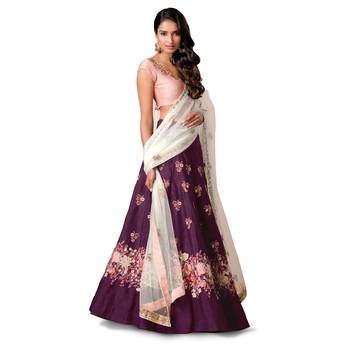 Purple Floral Print Raw Silk Semi Stitched Lehenga Choli 1