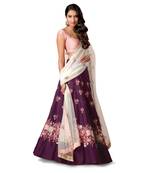 Purple Floral Print Raw Silk Semi Stitched Lehenga Choli