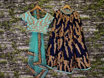 Navy-Blue Floral Print Velvet Semi Stitched Lehenga Choli 2