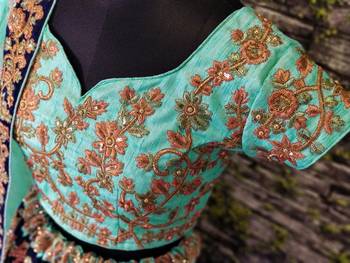 Navy-Blue Floral Print Velvet Semi Stitched Lehenga Choli 3