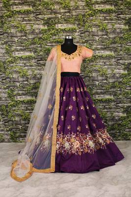Purple Floral Print Raw Silk Semi Stitched Lehenga Choli 2