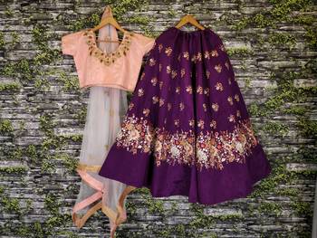 Purple Floral Print Raw Silk Semi Stitched Lehenga Choli 3